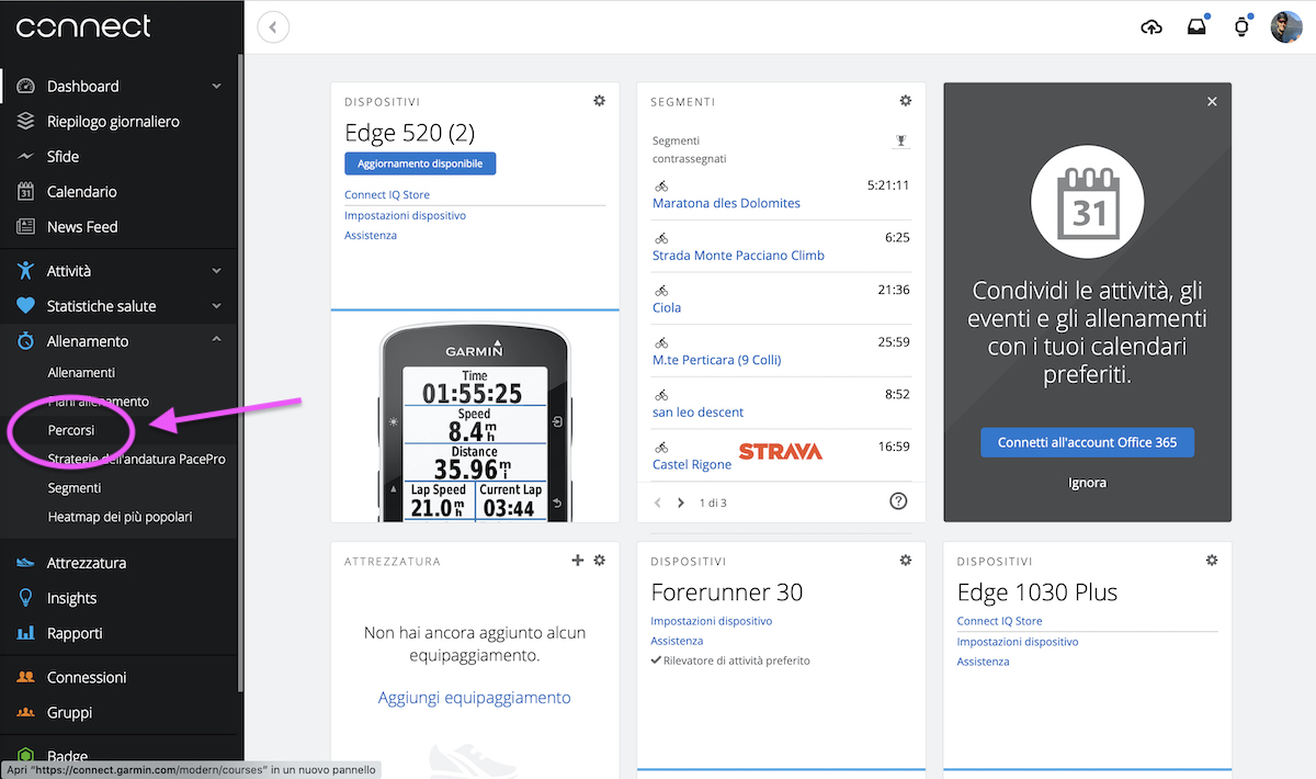 Tracciare un percorso con Garmin Connect