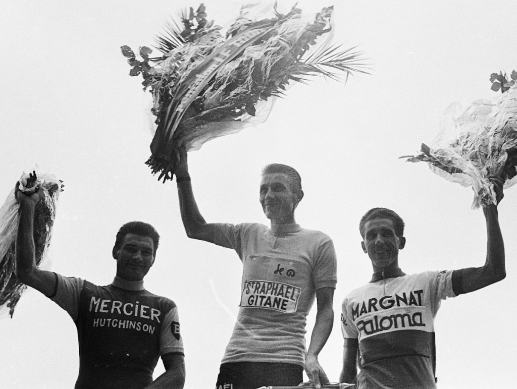 Raymond Poulidor Jacques Anquetil and Federico Bahamontes podium Tour de France 1964 cropped 1024x771 1