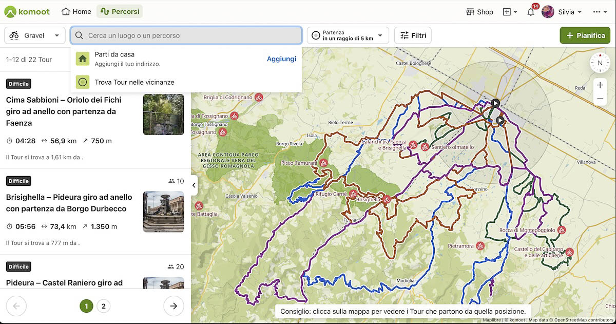 komoot schermata ricerca