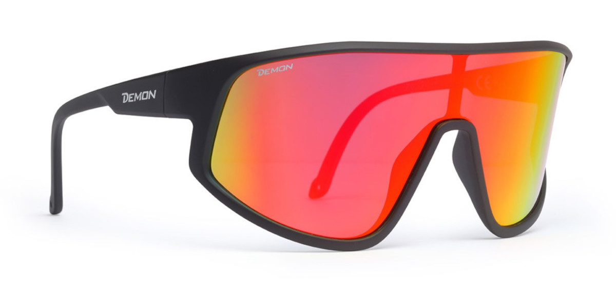 occhiali da ciclismo su strada e mountain bike lente specchiata dmirror rossa modello alliance nero opaco